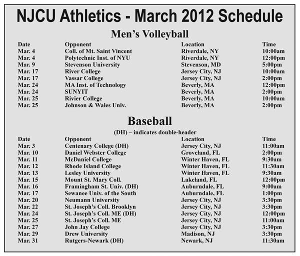 March 2012 NJCU Athletics Schedule – Mens Volleyball & Baseball
