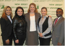 NJCU alumni attended a program called “Looking for a Job: Hire Yourself!” From left: Helen Dao `99, `05 M.S., Michele Pope `02, Jane McClellan, Executive Director, Alumni Relations, Wendy Oliveras `98, Vijay Sammy, CPA `94. NJCU Alumni Relations In the spring of 2012 
