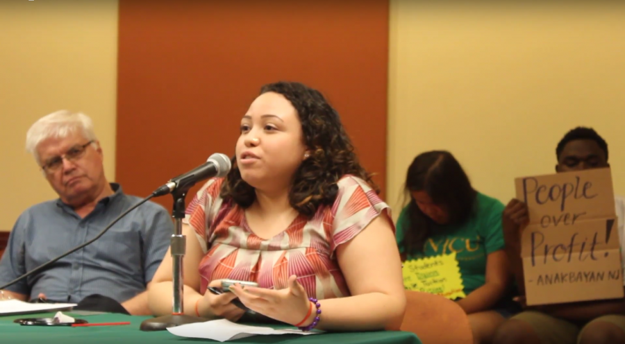 STUDENTS SPEAK OUT: Beatriz Villatoro speaking at the Board of Trustees meeting regarding an increase in tuition over the summer. Courtesy of Ruthie Arroyo.