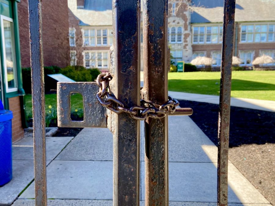 The main entrance to NJCU is locked due  to the virus. Photo by Haresh Oudhnarine.