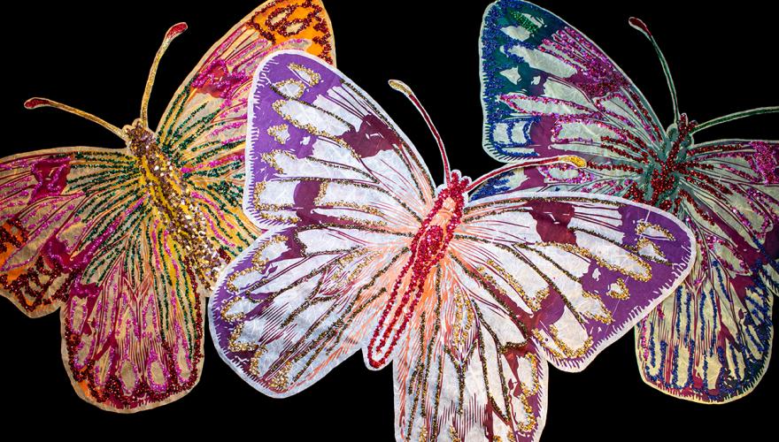 Aminah Chaudharys silkscreen buttlerflies, a part of her Untethered series. 
