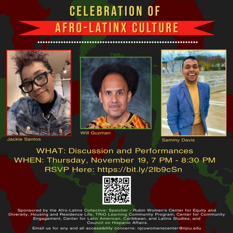 Flyer for event. People featured on flyer from left to right: Jackie Santos, Will Guzman, and Sammy Davis. 