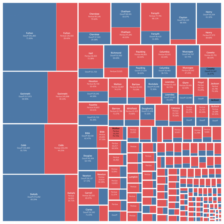 Georgia runoff election results by county. Photo by Dennis Bratland/ Wikimedia Commons. Zoom in to see percentage results. 