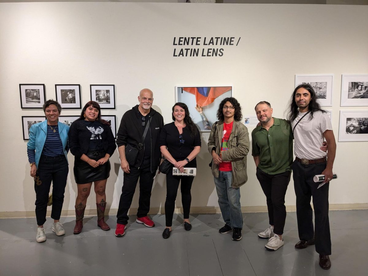 (From left to right: Jacqueline Herranz Brooks, Monica Flores, Orestes Gonzalez, Natali Bravo-Barbee, Dakota Santiago, Juan C. Giraldo, and Cesar Melgar on opening night) ; Photo Courtesy: Professor Midori Yoshimoto and Andy Liu